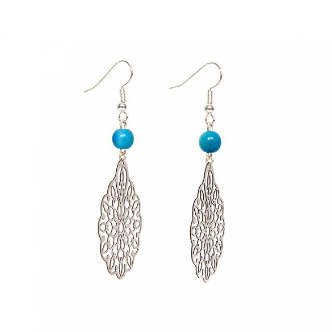 Bijou d'oreilles rosace fleurie et perles de tagua turquoise