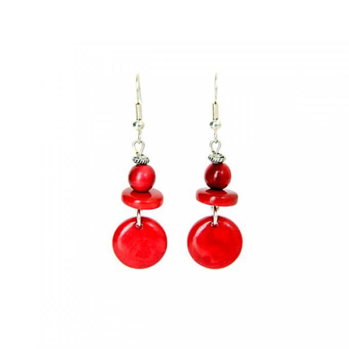 Boucles d'oreilles pendentif en ivoire végétal rouge