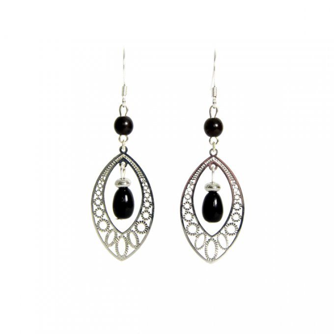 boucles d'oreilles fantaisie argentée et perles de tagua