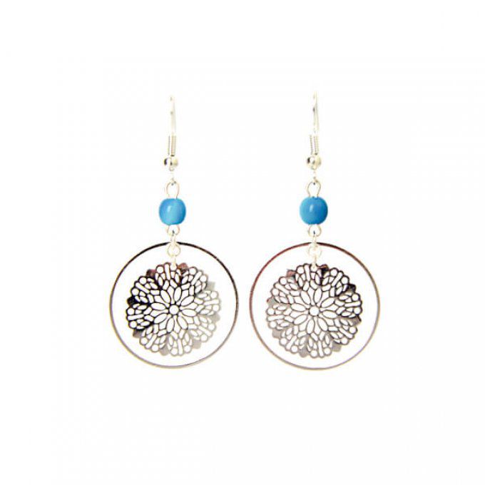 Boucles d'oreilles ronde et rosace argentée