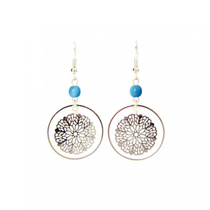 Boucles d'oreilles ronde et rosace argentée