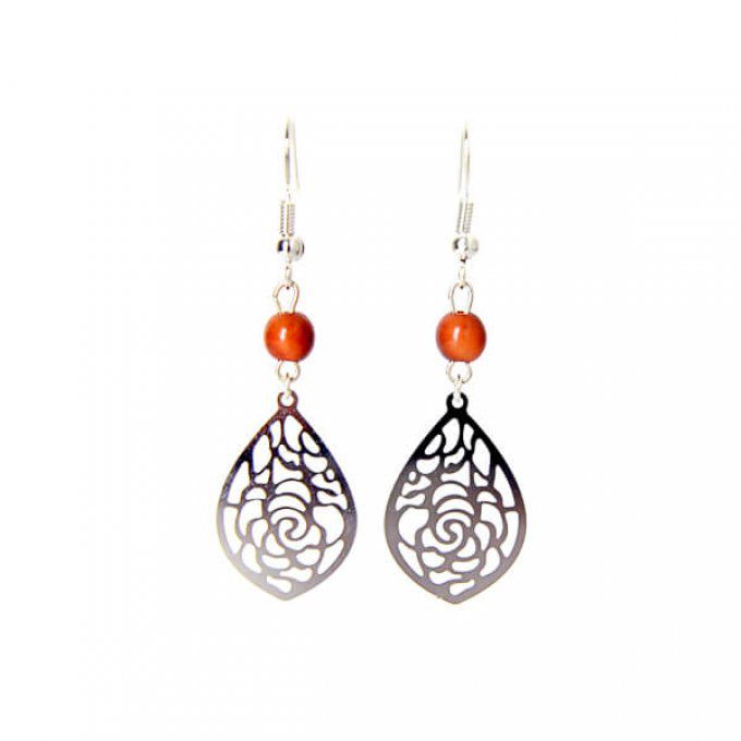 Boucles d'oreilles rosace argenté et perles de tagua marron