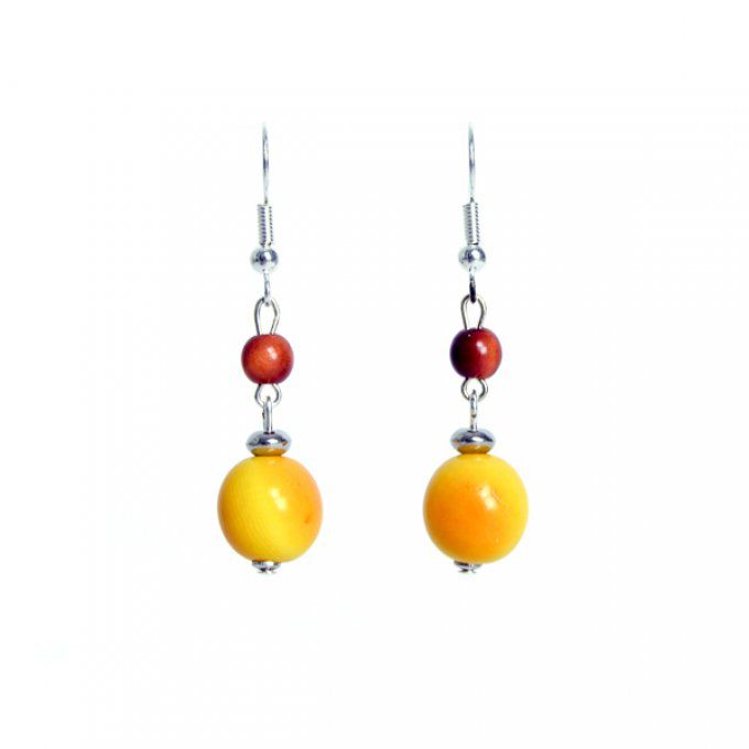 bijou d'oreilles perles naturelles végétales duo jaune marron