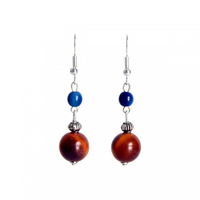 bijou d'oreilles perles naturelles marron et bleu