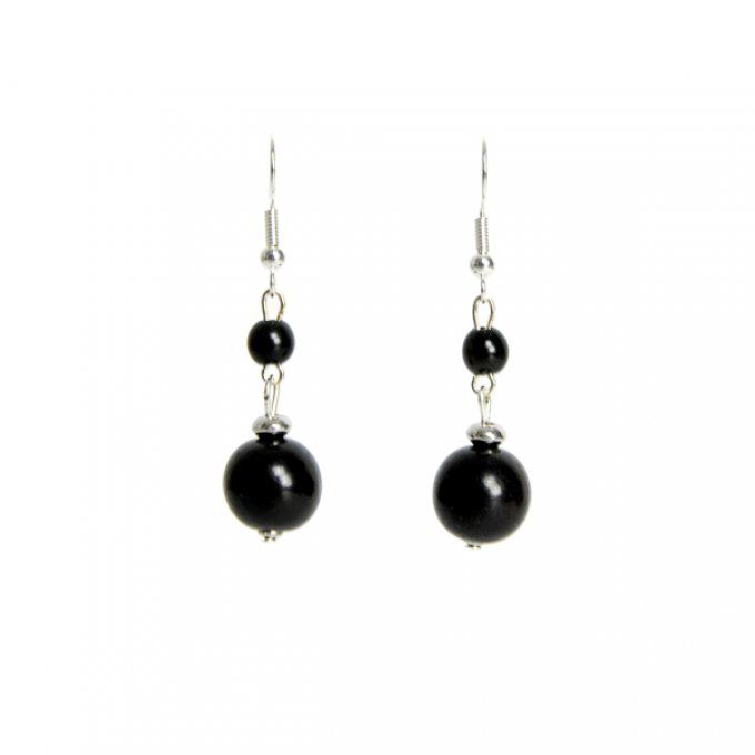 bijou d'oreilles double perles en tagua noir