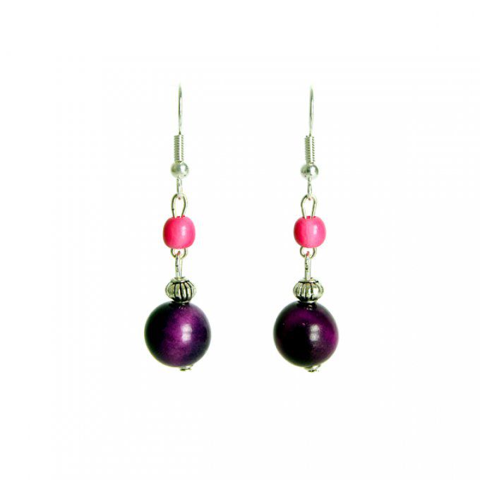 bijou d'oreilles chic et ethnique perles de tagua violet rose
