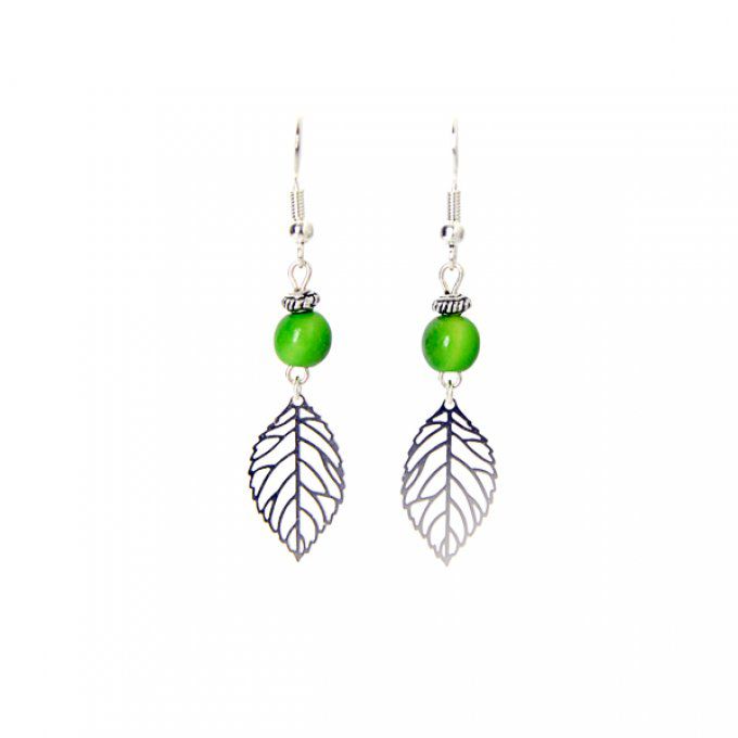 Boucles d'oreilles perles en tagua vert et feuille