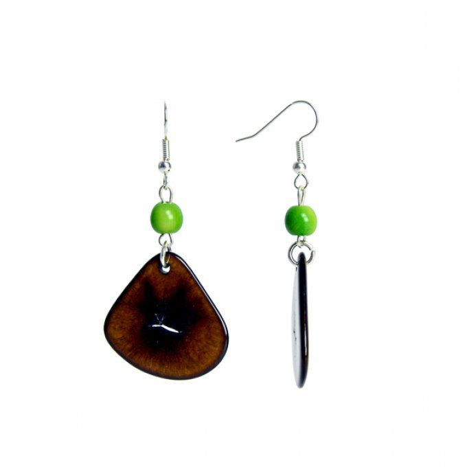 Boucles d'oreilles artisanales avec pétales et perles fines de tagua marron et vert