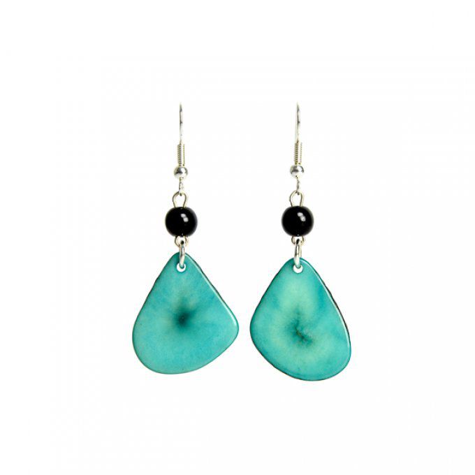 Boucles d'oreilles pétales et perles d'ivoire végétal turquoise/noir