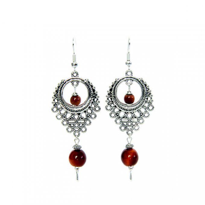 Boucles d'oreilles style ethnique et perles végétales marron