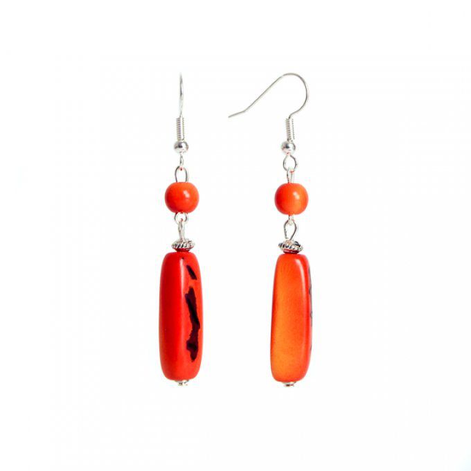 bijou d'oreilles bio ethnique perles et tube en ivoire végétal orange