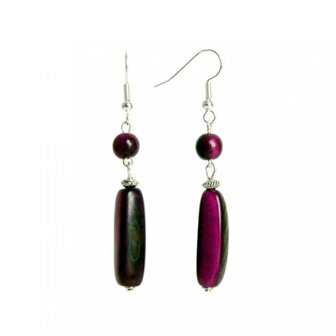 bijou d'oreilles chic perles et tubes en tagua pourpre