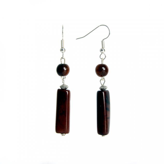 bijou d'oreilles chic perles et tubes en noix de tagua marron