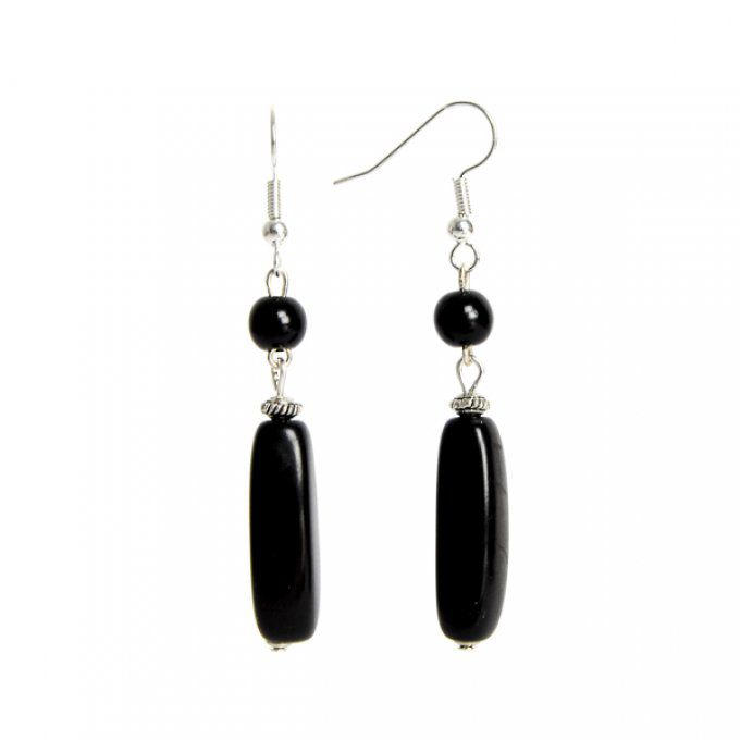 boucles d'oreilles fantaisie chic perles et pendant en noix de tagua noir