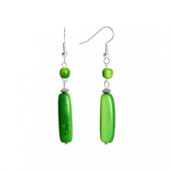 bijou d'oreilles ethnique chic perle et tube en tagua vert