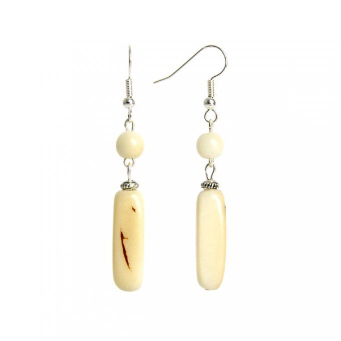 bijou d'oreilles fantaisie tube et perles de tagua ivoire