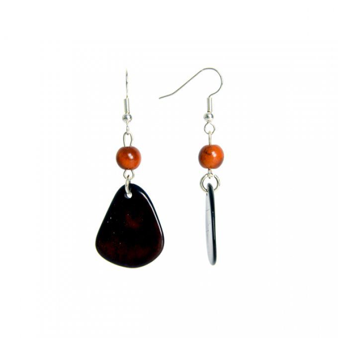 Boucles d'oreilles artisanales en pétales et perles fines de tagua marron