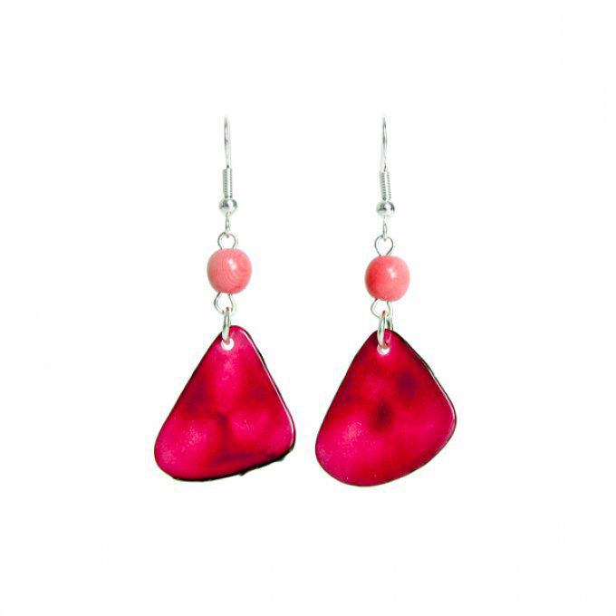 Boucles d'oreilles pétales et perles en ivoire végétal rose fuchsia