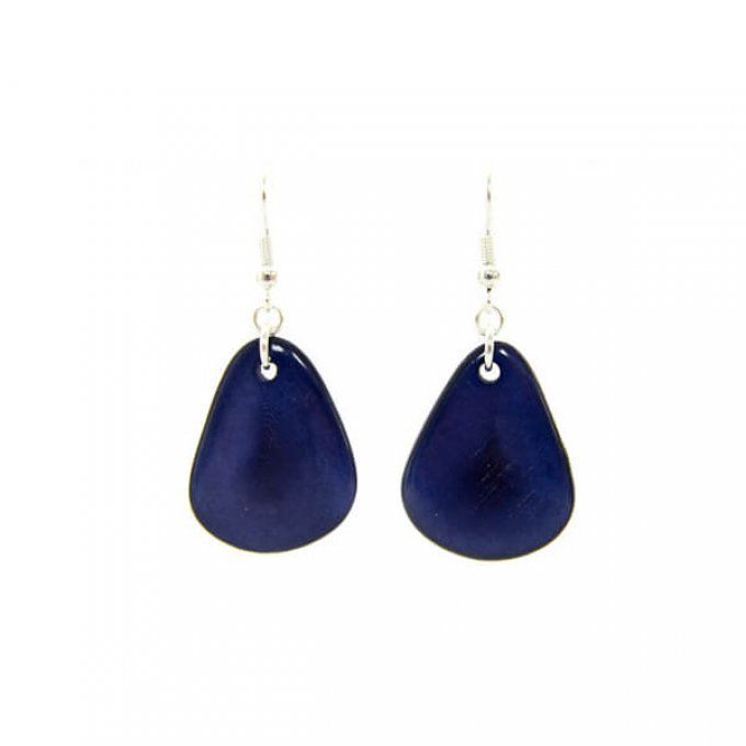 bijoux d'oreilles fantaisie pétale de noix de tagua bleu marine