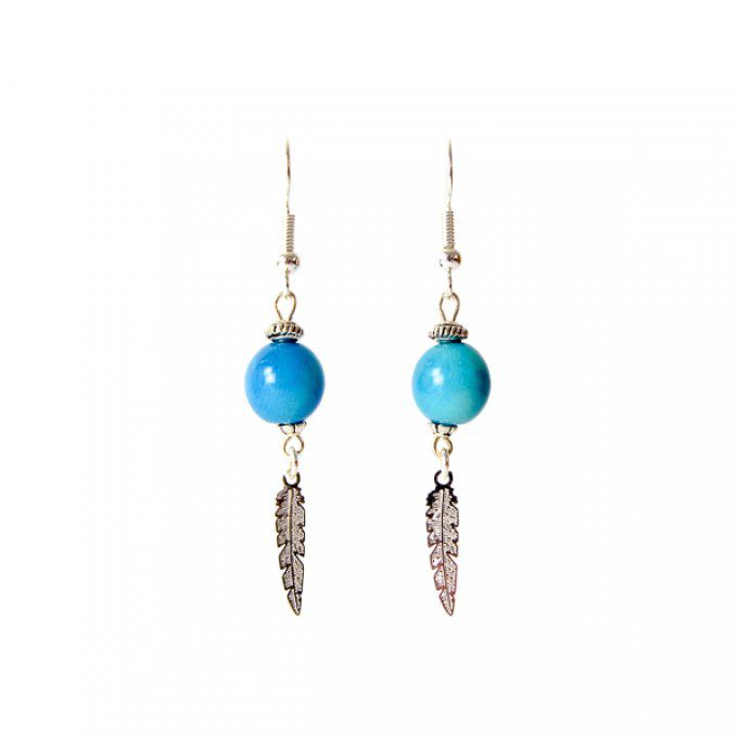 bijou d'oreilles plume et perle turquoise