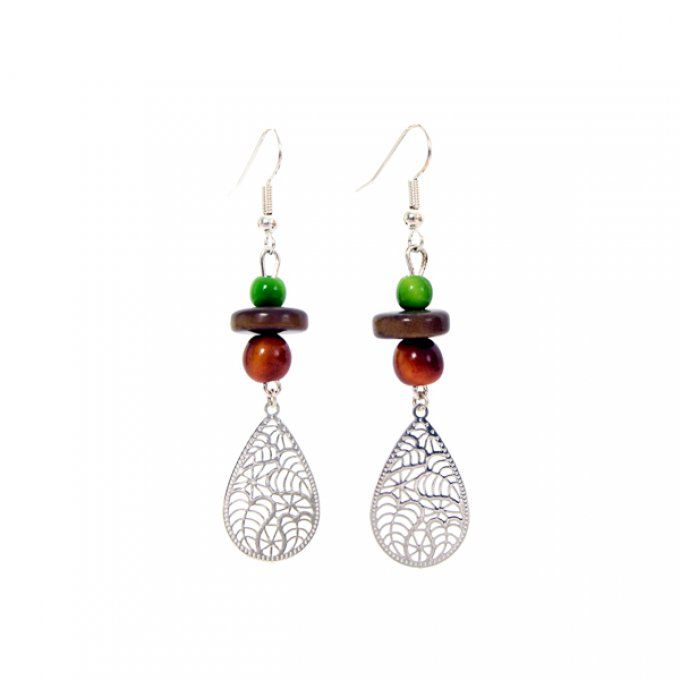 boucles d'oreilles artisanales goutte ajourée et perles de tagua vert et marron