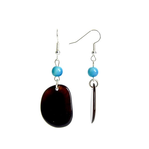 Boucles d'oreilles pétales et perles d'ivoire végétal marron/turquoise