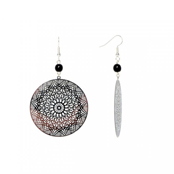 bijou d'oreilles chic pendentif rond argenté et ciselé avec perles noires