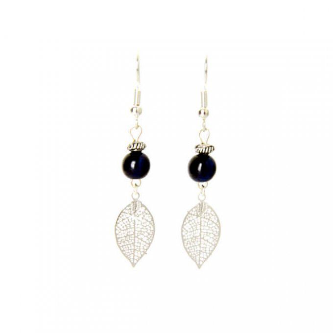 Boucles d'oreilles feuille fine et perles noires