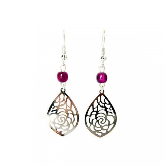 Boucles d'oreilles artisanales pendentif rose et perles violet