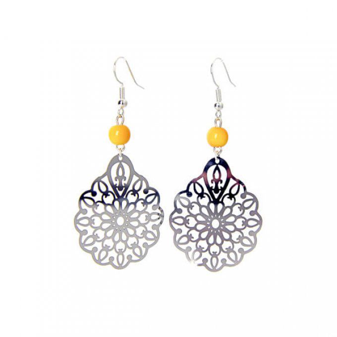 Bijou d'oreilles tendance perles jaune