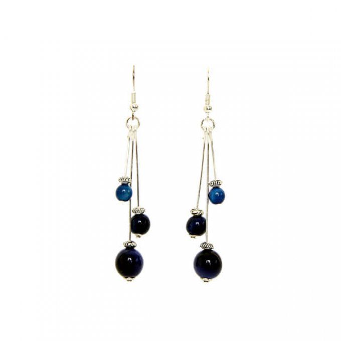 bijou d'oreille femme triple tige et perles bleu