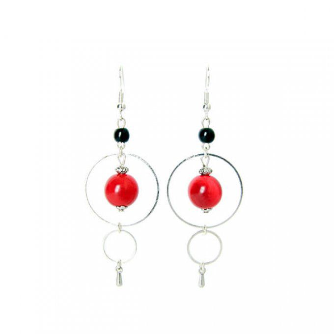 Boucles d'oreilles ronde argenté rouge et noir