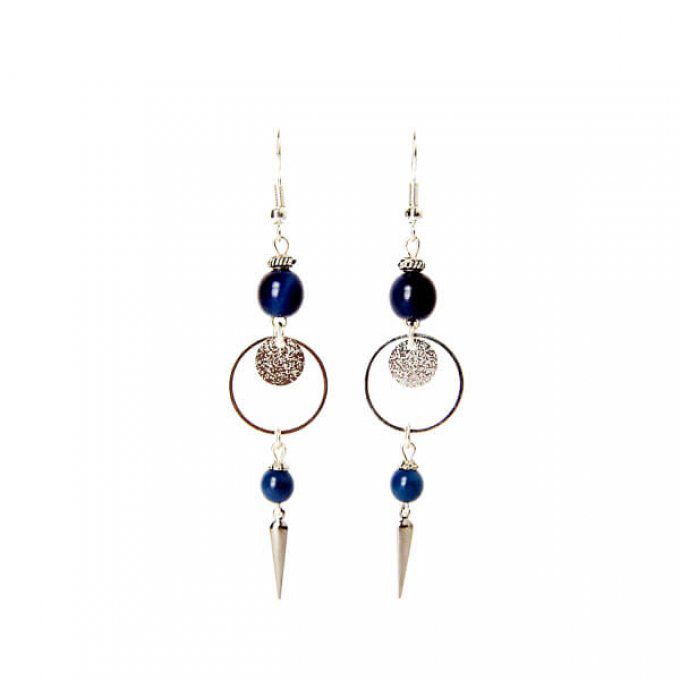 Boucles d'oreilles ronde argentée et perles bleu