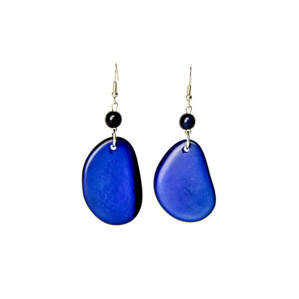 Bijou d'oreilles tranches et perles d'ivoire végétal bleu foncé