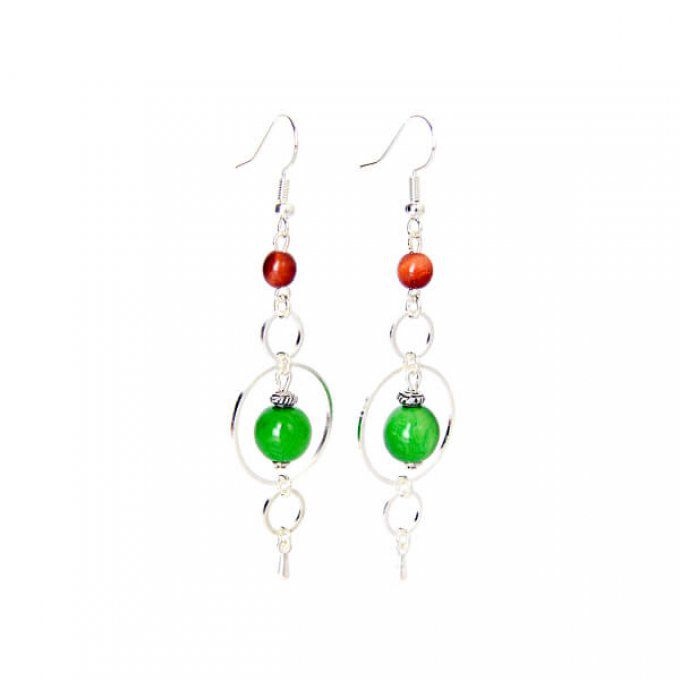 Boucles d'oreilles fine rond argenté vert marron