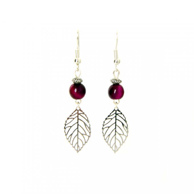 Boucles d'oreilles fine avec feuille argentée