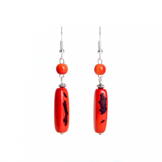 boucles d'oreilles pendantes perle et tube de tagua orange
