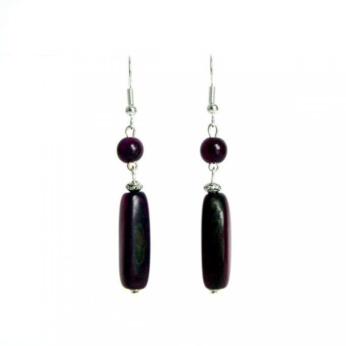 boucles d'oreilles fantaisies perle et tube en ivoire végétal violet