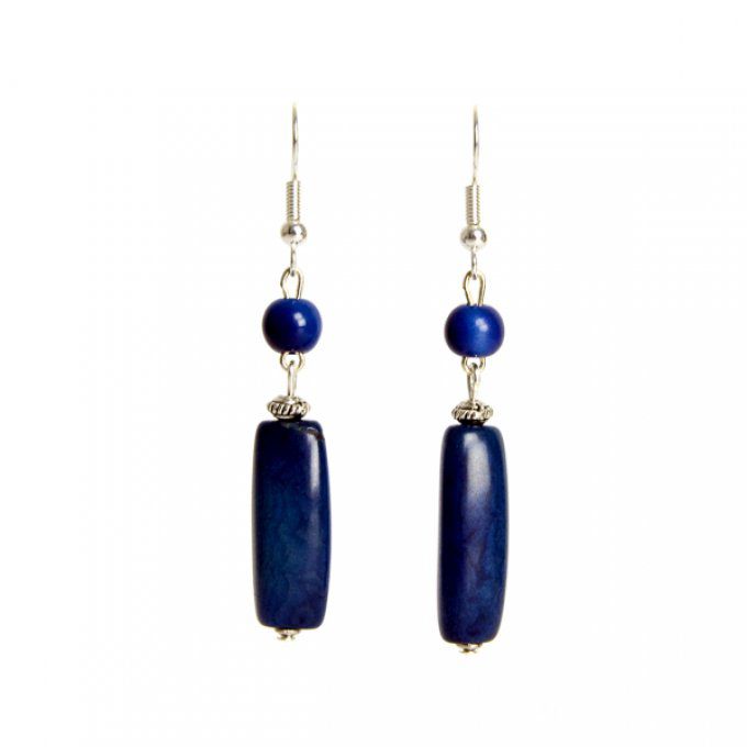 boucles d'oreilles artisanales perles et tubes en ivoire végétal bleu
