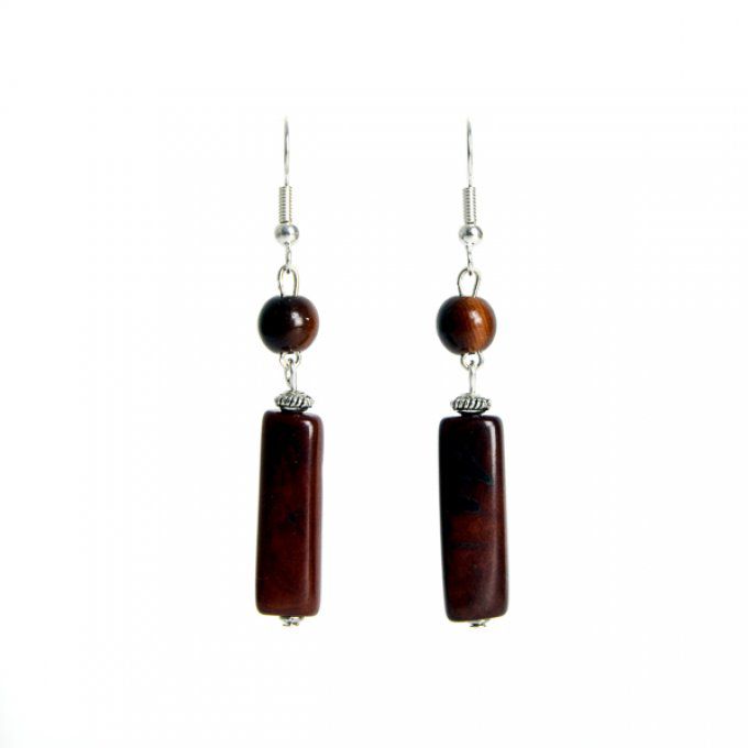 boucles d'oreilles artisanales perles tubes en ivoire végétal marron