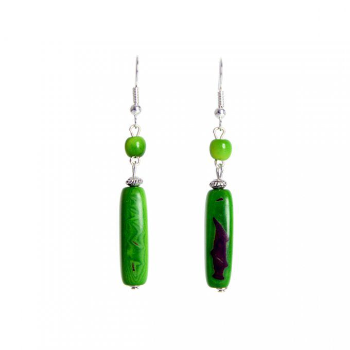 boucles d'oreilles artisanales perles et tube en ivoire végétal vert