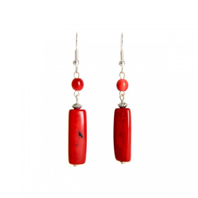 boucles d'oreilles fantaisies perles et tubes en ivoire végétal rouge