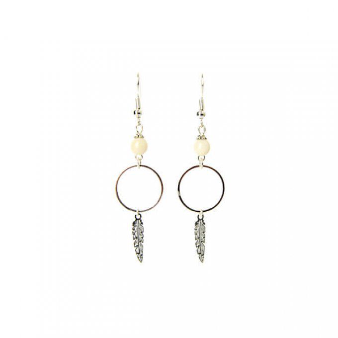 Boucle d'oreilles rond et plume argentée