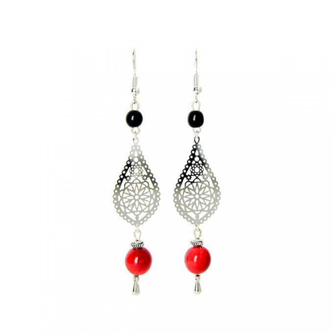 Boucles d'oreilles rosace goutte perles rouge et noir