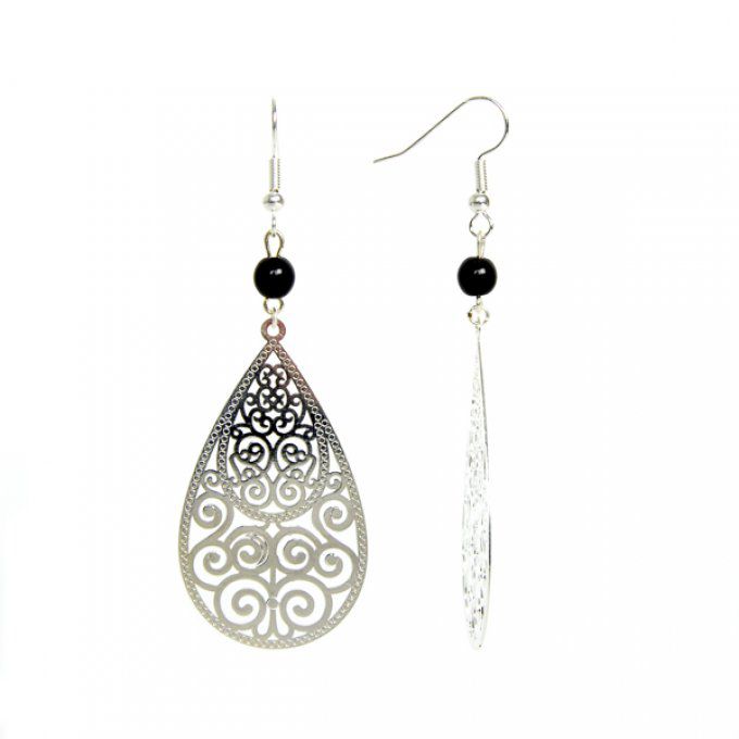 bijou d'oreilles fantaisie goutte arabesque et perles en ivoire végétal noir