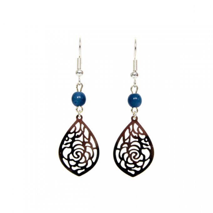 bijou d'oreilles chic argenté et perles de tagua bleu marine