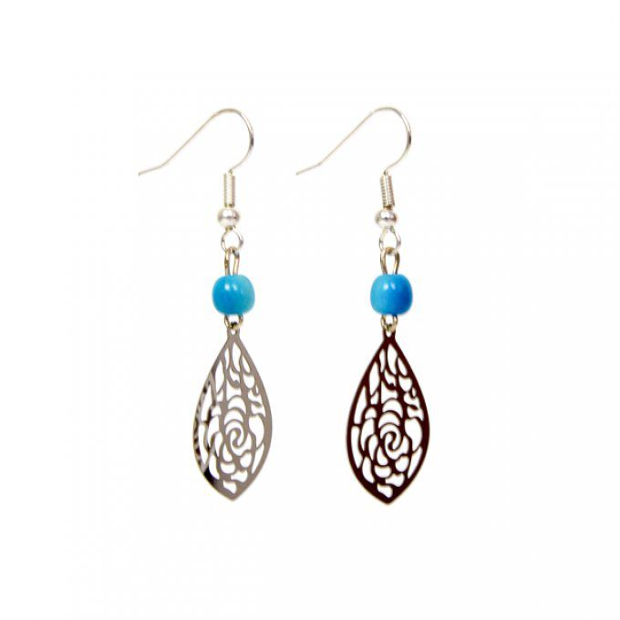 boucles d'oreilles chic argentée et perles en ivoire végétal turquoise