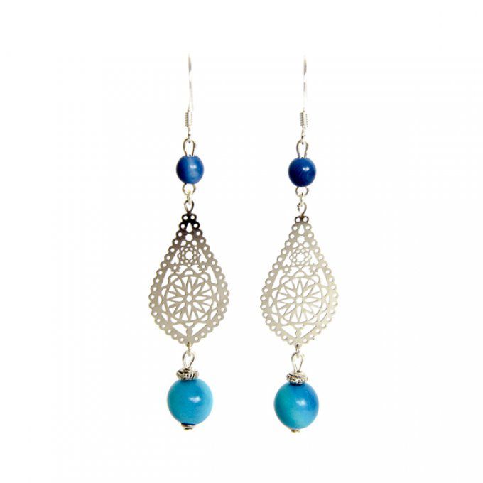 boucles d'oreilles chic goutte argentée et perles de tagua turquoise