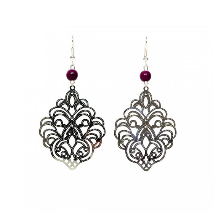 boucles d'oreilles grande rosace fleurie et perles de tagua violet