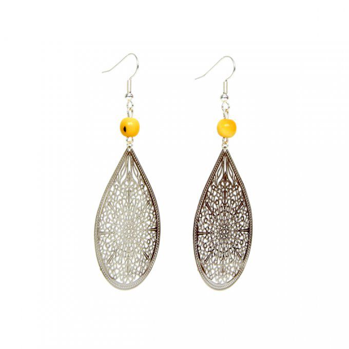 boucles d'oreilles goutte argentée et perles jaune